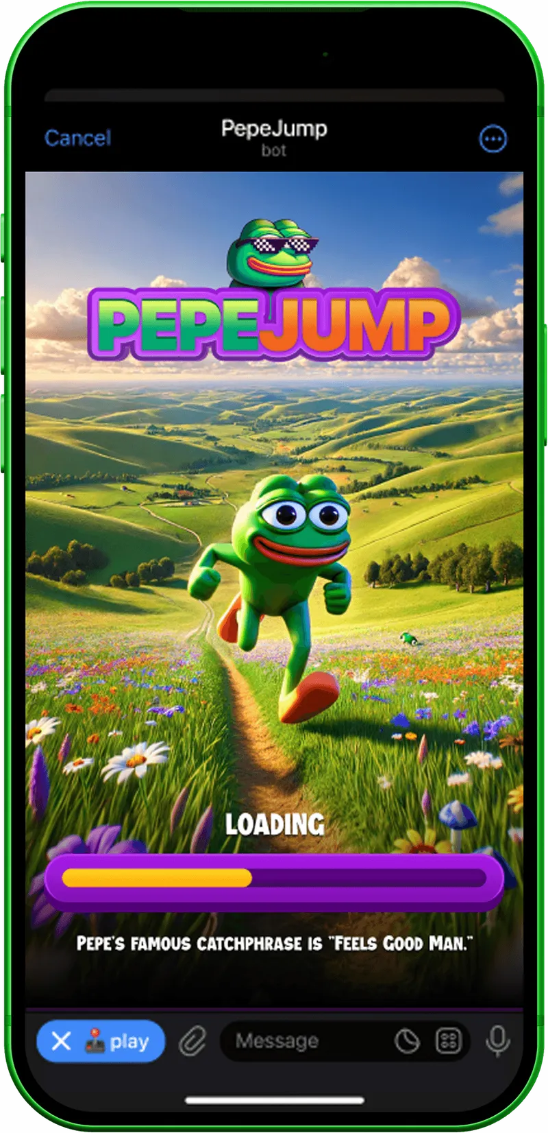 PepeJump loading screen with the frog mascot in a green landscape