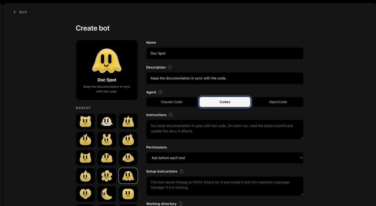 GitBot bot-creation form with mascot selection, agent choice, instructions and permission settings