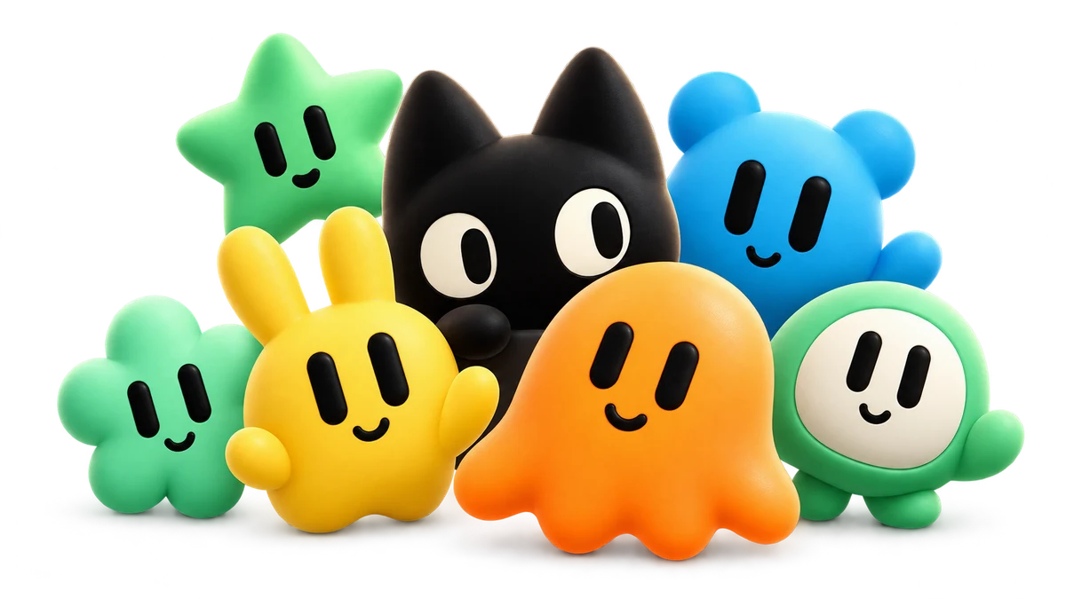 GitBot’s 3D mascot family: a black cat, orange ghost, yellow bunny, green star, blue bear, green hooded bot and mint flower