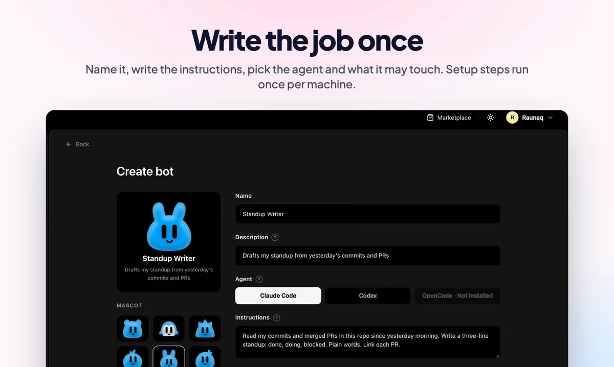 Product Hunt slide 2 of 8: Write the job once: bot instructions, agent and permissions