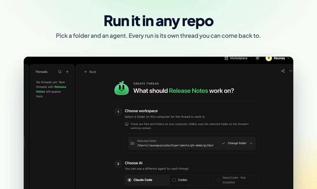 Product Hunt slide 3 of 8: Run it in any repo: choose a folder and agent for a thread