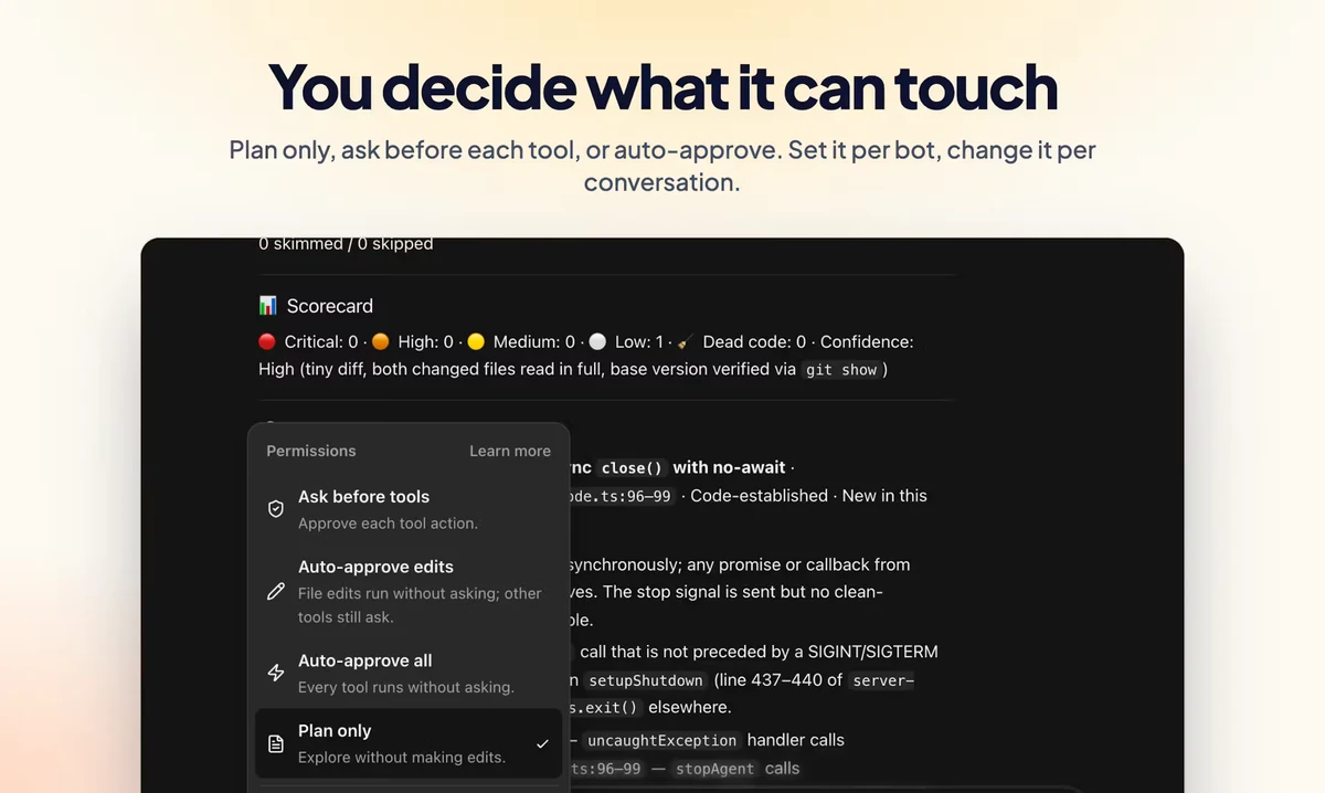 Product Hunt slide 4 of 8: You decide what it can touch: permission modes