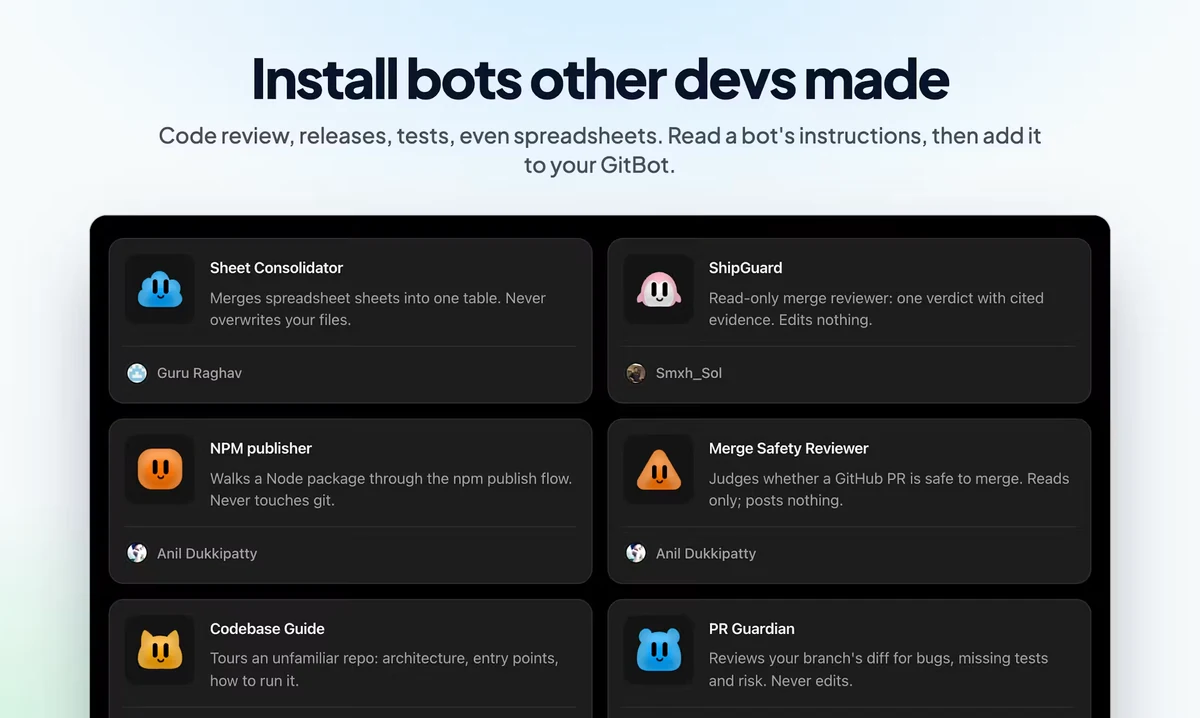 Product Hunt slide 6 of 8: Install bots other devs made: the community bot library