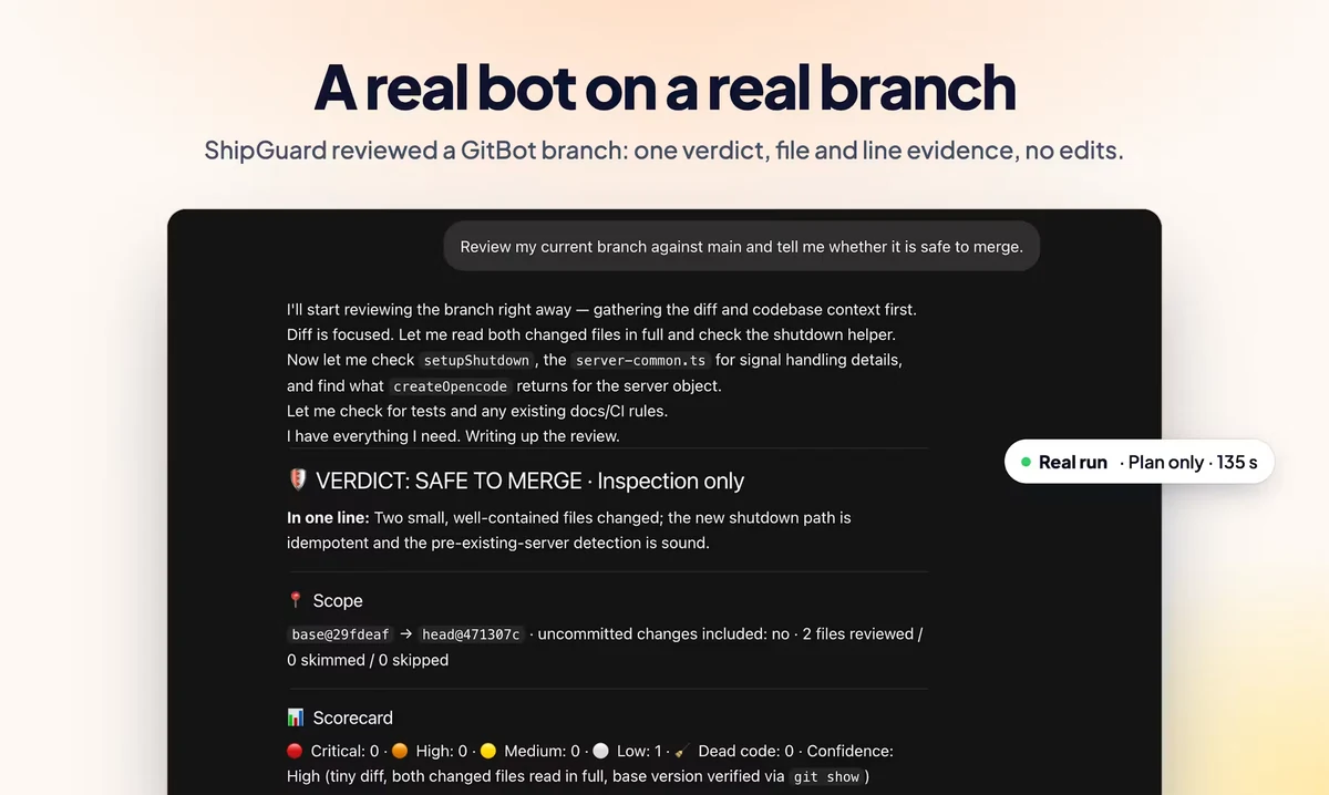 Product Hunt slide 7 of 8: A real bot on a real branch: ShipGuard’s review