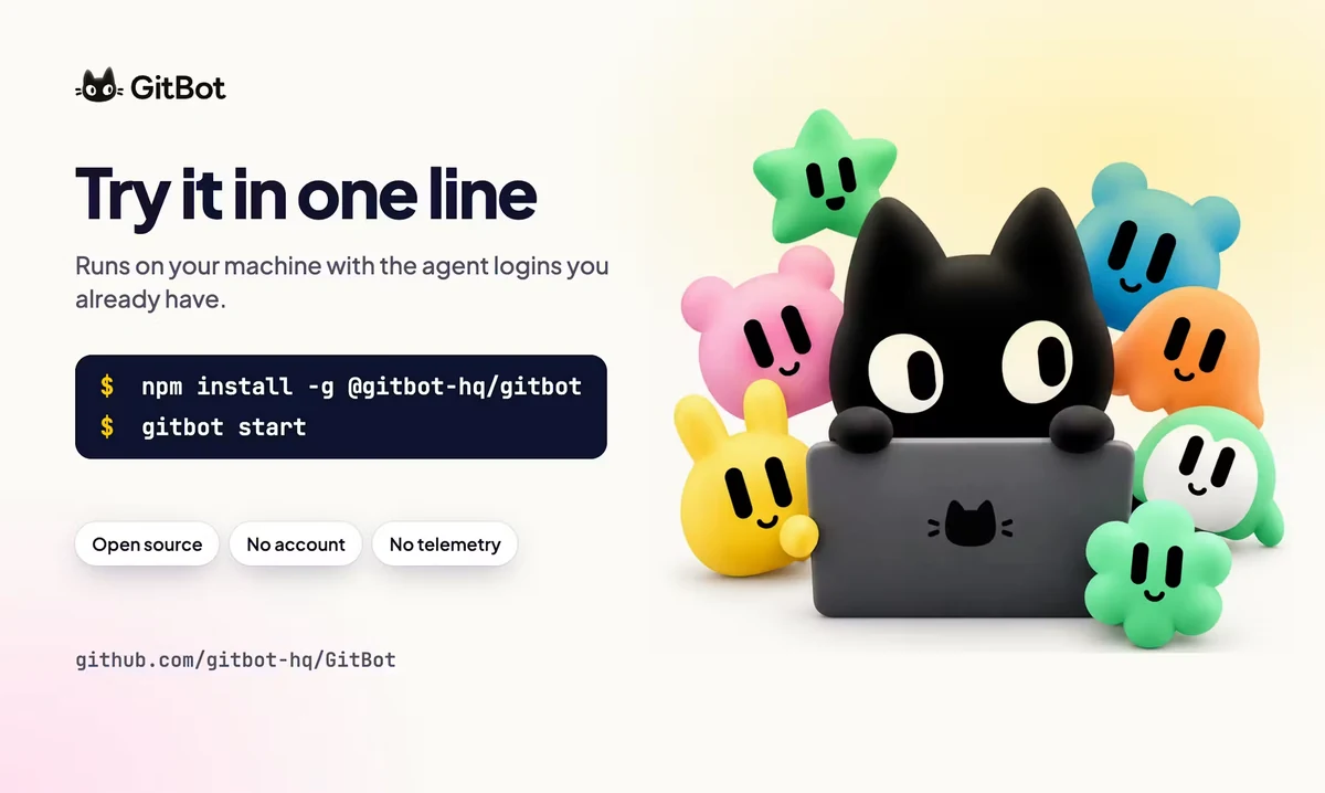 Product Hunt slide 8 of 8: Try it in one line: installing and starting GitBot