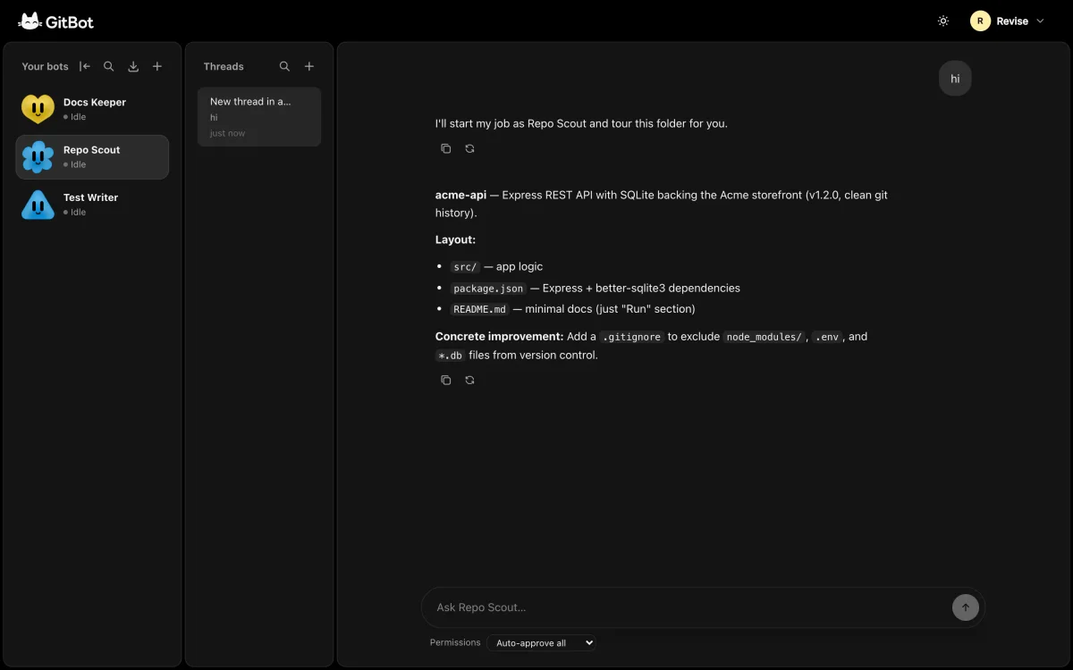 GitBot’s redesigned three-panel workspace showing bots, threads and the active conversation