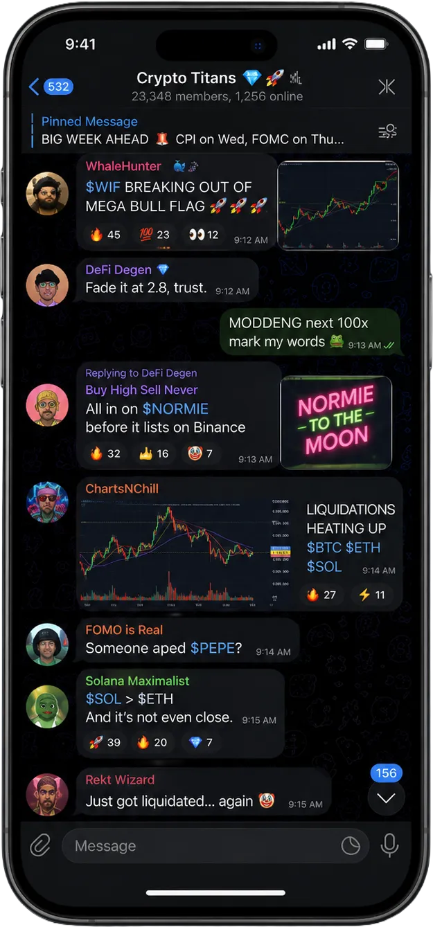Original Telegram trading feed with dense messages and inline trade buttons