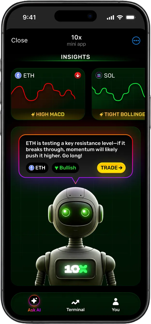 10x.Trade home screen combining market insights, trading controls and the robot mascot