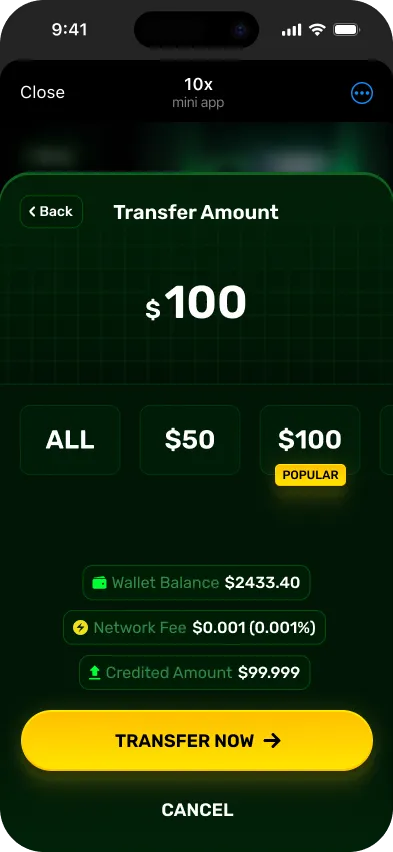 Transfer Amount screen with a currency selector and confirmation button