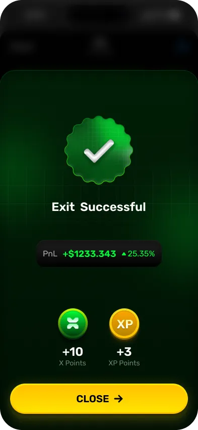 Trade-exit success screen with a confirmation checkmark