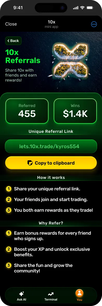 Referral progress screen with referral totals and sharing controls