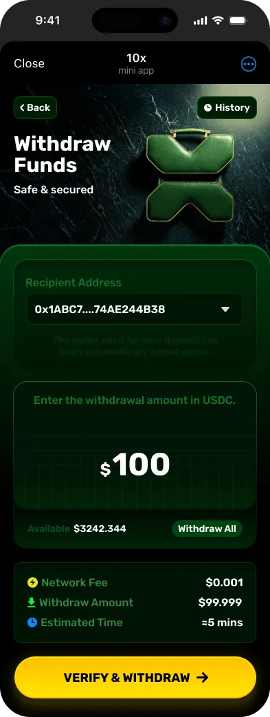 Withdrawal screen with the selected amount and destination controls