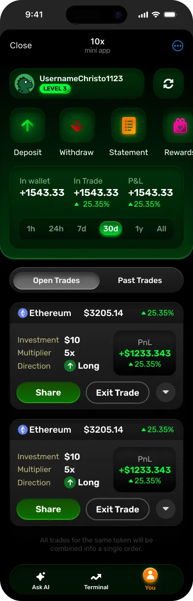 Account overview showing balance, positions and recent activity
