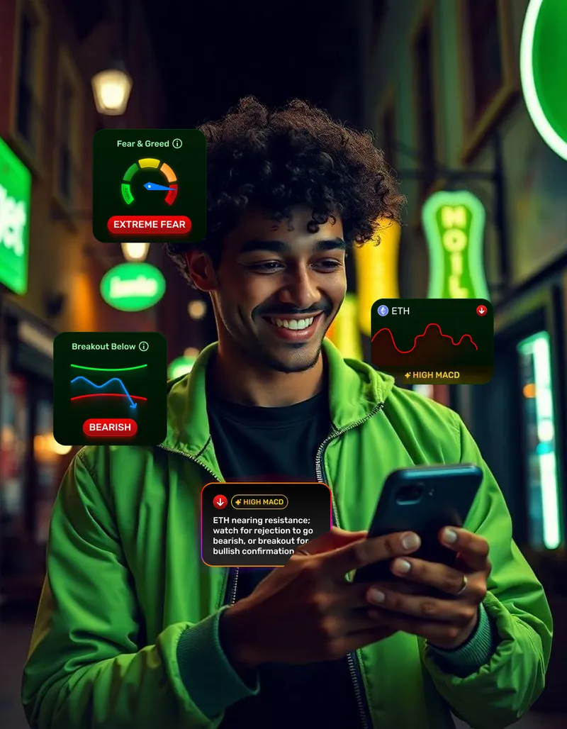 10x.Trade brand artwork with a trader holding a phone in green light