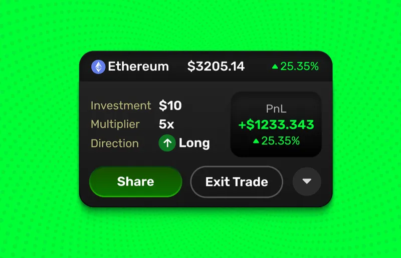 Shareable Ethereum trade-result card showing investment, profit and exit controls