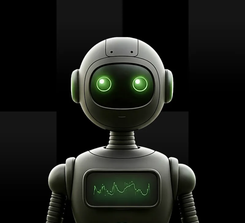 10x.Trade robot mascot with glowing green eyes