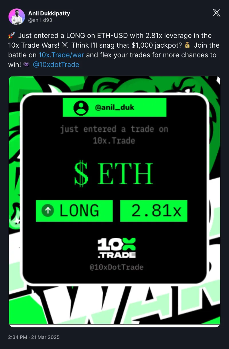 Telegram message containing a shareable 10x.Trade Ethereum position card