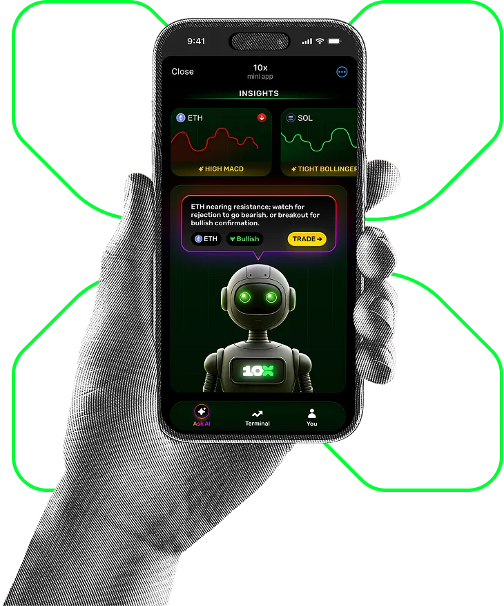 10x.Trade home screen with market insights and a green robot mascot, shown on a phone held in one hand