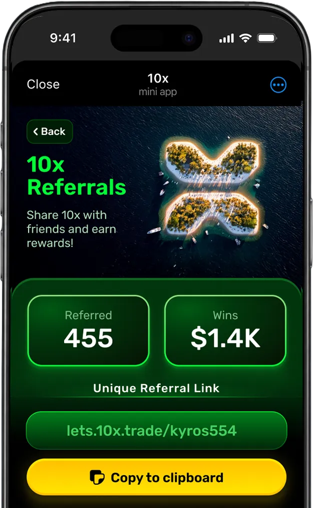 10x.Trade referral screen with invited-friend totals and a copy-link button