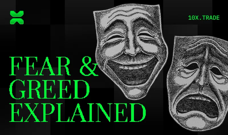 Fear and Greed Explained campaign post with contrasting theatre masks